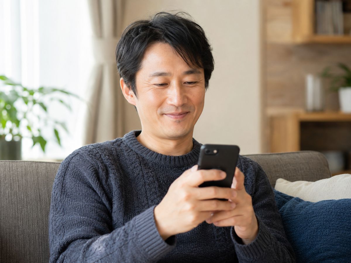 自宅のソファでスマホからカウンセラーに相談する男性