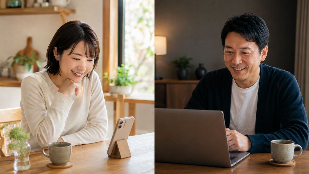 自宅からスマホでオンラインお見合いをする女性